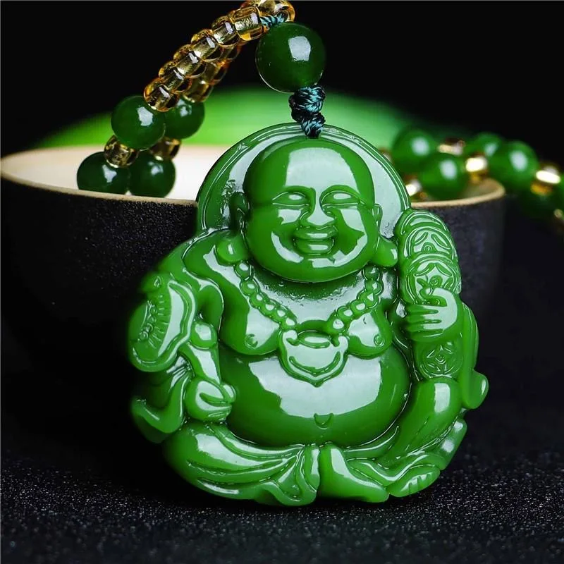 Women Fashion Necklace - Chinese Groene Jade Maitreya Boeddha Hanger