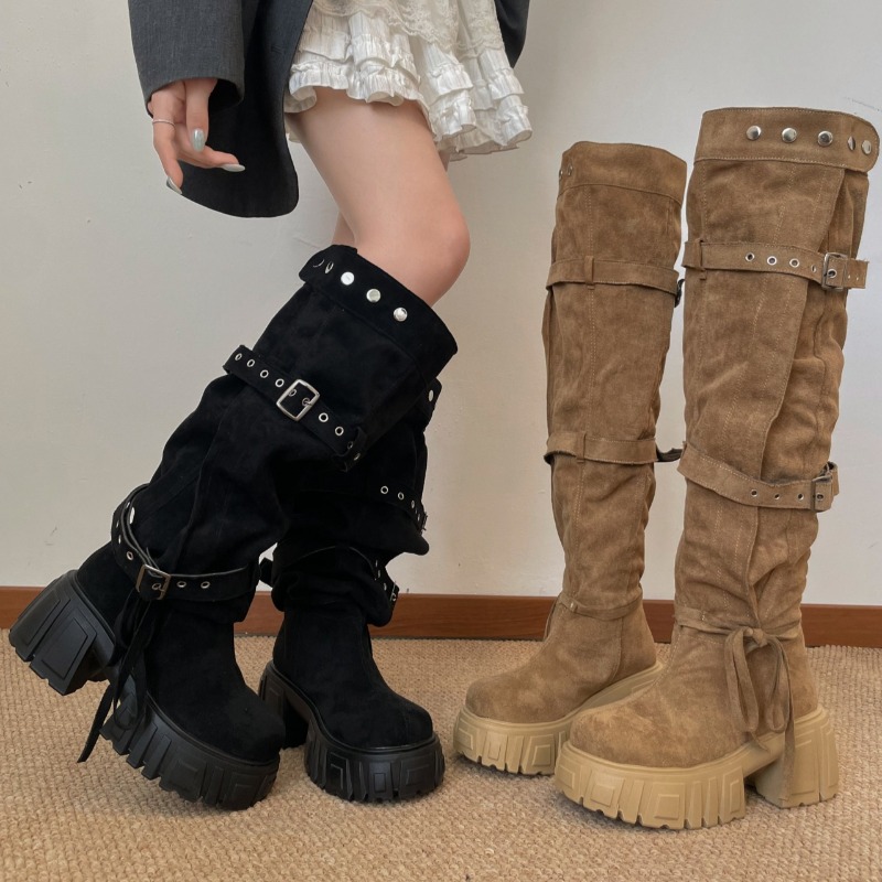 Women'S Fashion Knee High Boots - 2026 Mode Punk Stijl Gespsluiting Dames