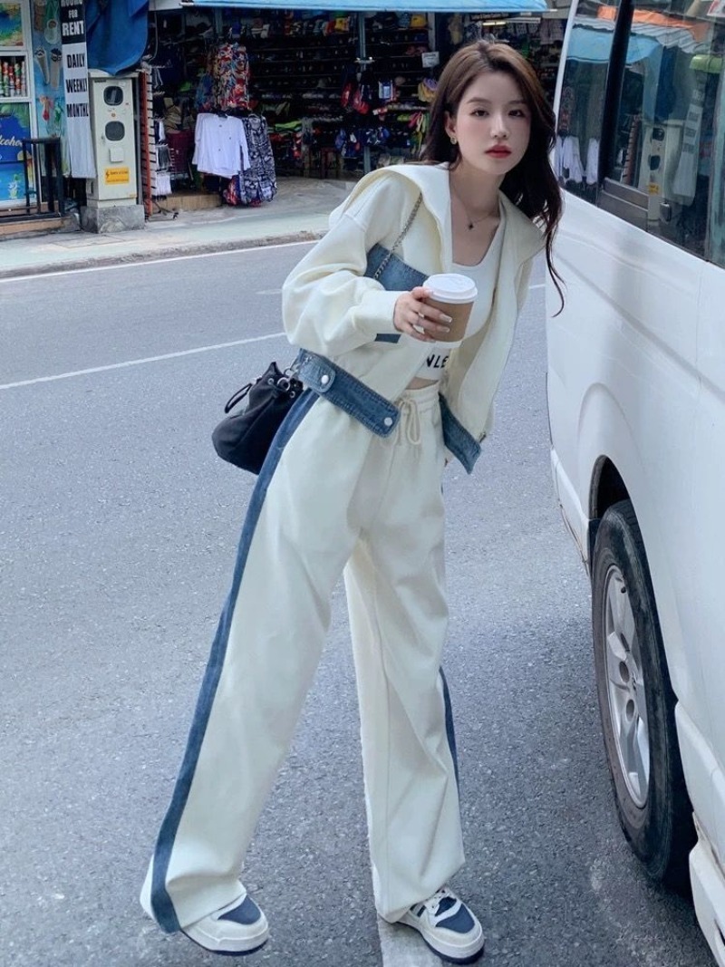 Wide Leg Palazzo Pants - Trui Denim Splicing Casual Sportpak Set