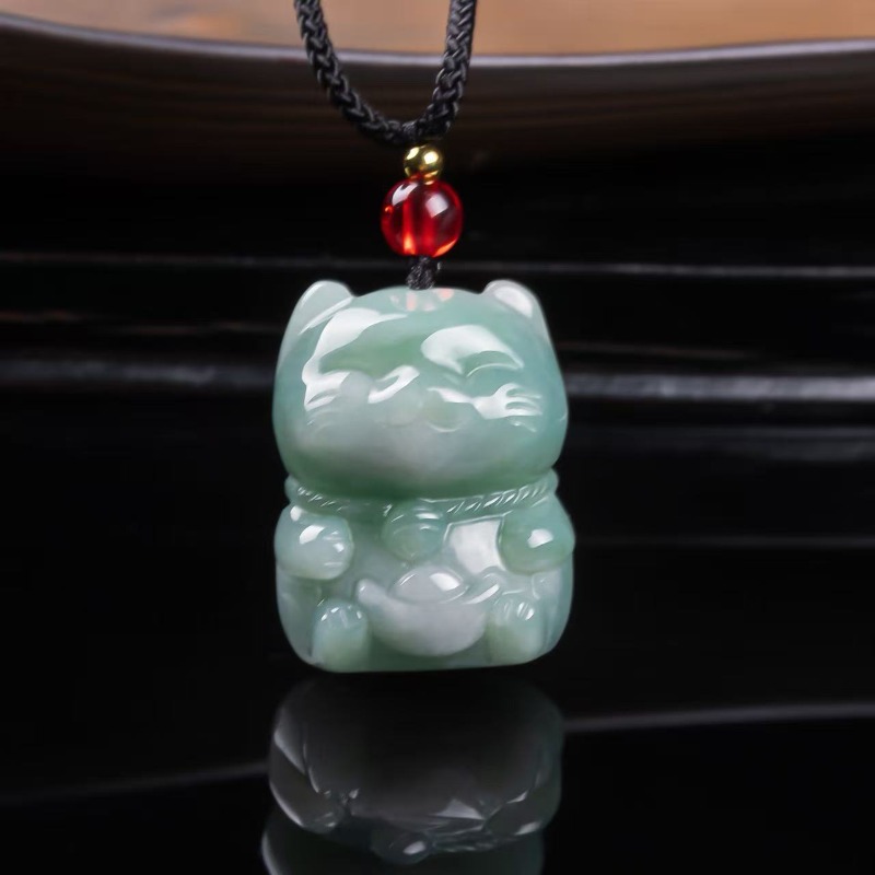 Women Fashion Necklace - Natuurlijke Smaragd Jade Gelukskat Hanger Myanmar