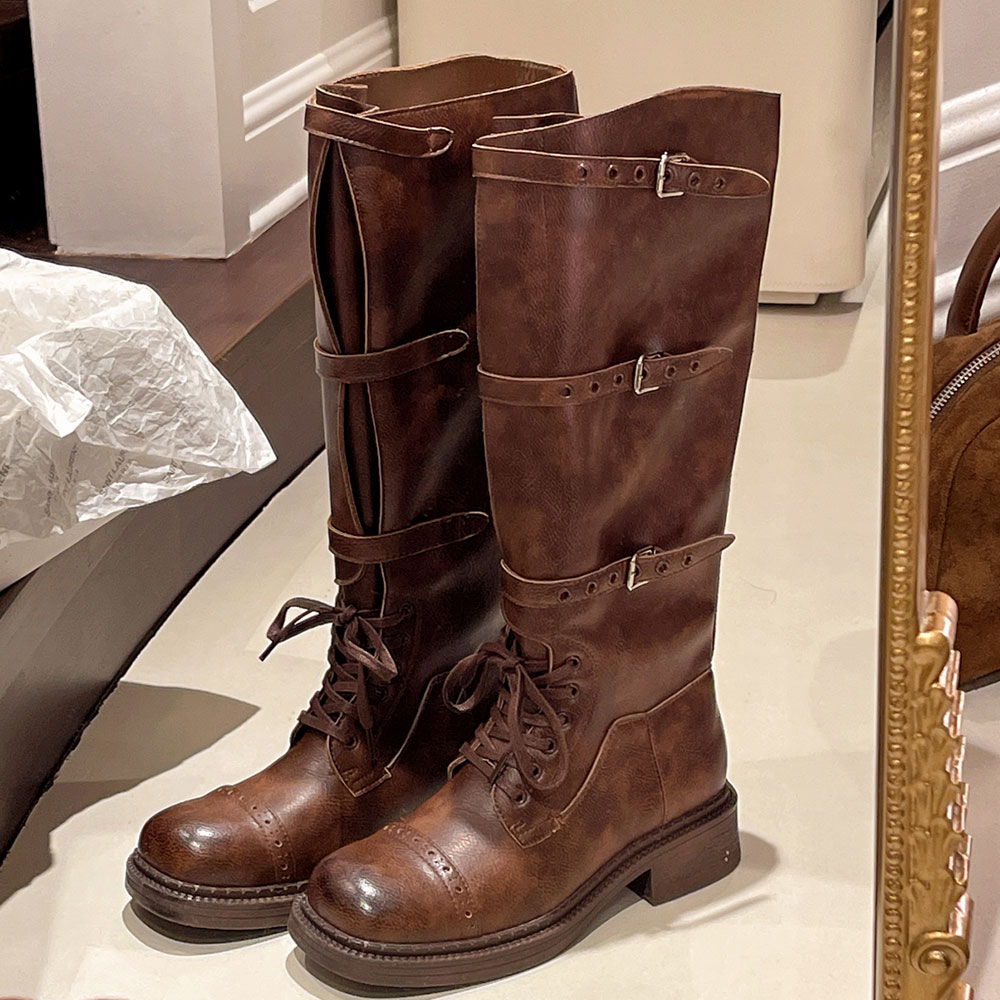 Women'S Fashion Knee High Boots - Dames Kniehoge Laarzen Vintage Riem Gesp