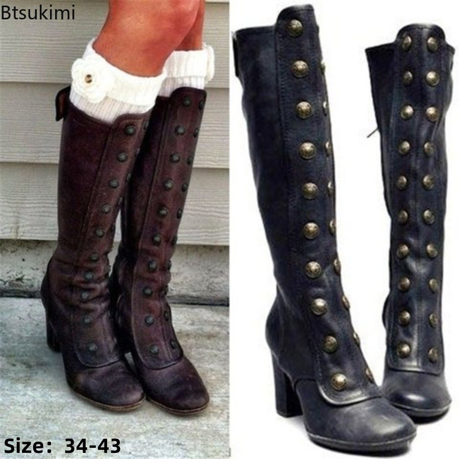 Women'S Fashion Knee High Boots - Retro zwarte mode-nitte decorlaarzen met chunky
