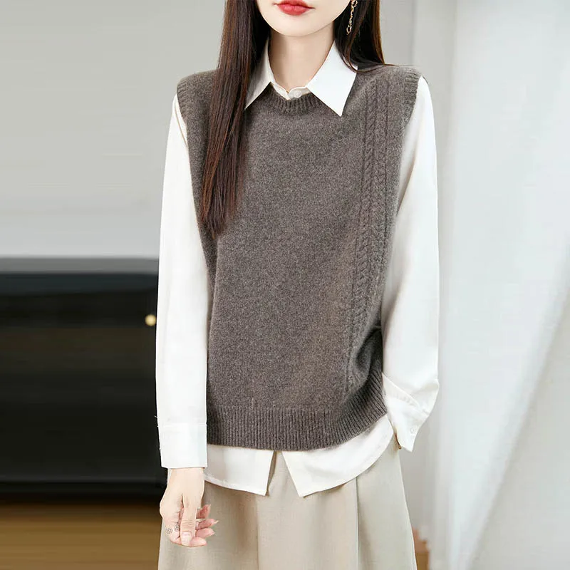Knitted Vest Women - Merino Wol O-hals Mouwloze Pullover Vest