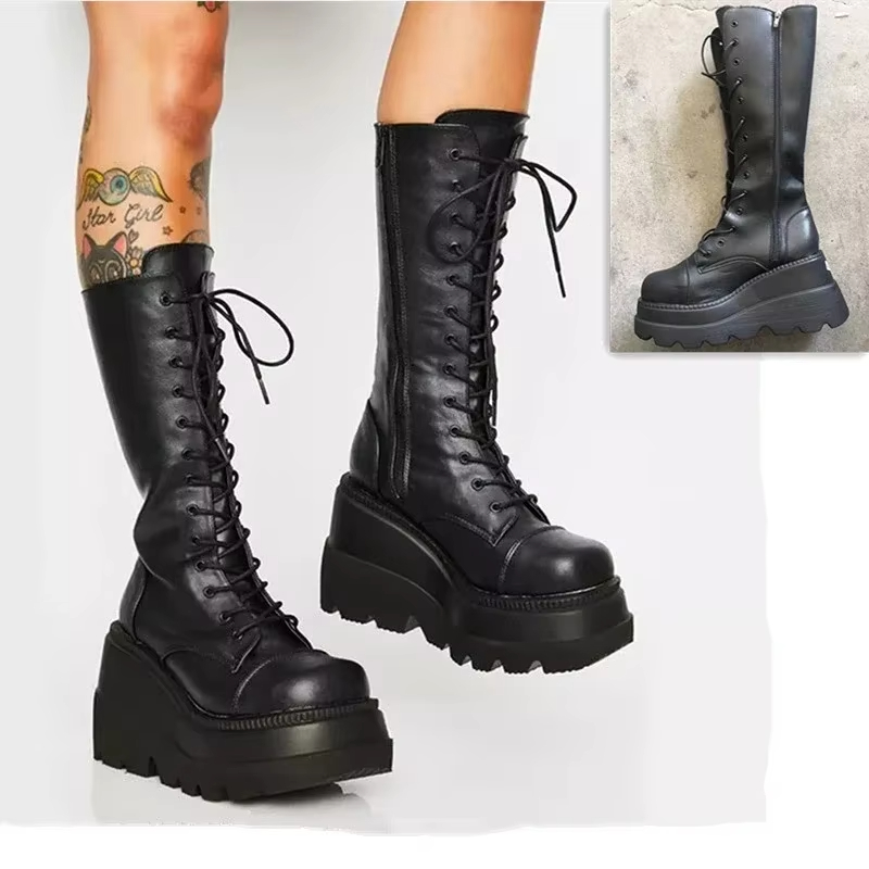 Women'S Fashion Knee High Boots - Damesplatformlaarzen Punk halfhoge dameslaarzen Gotische stijl