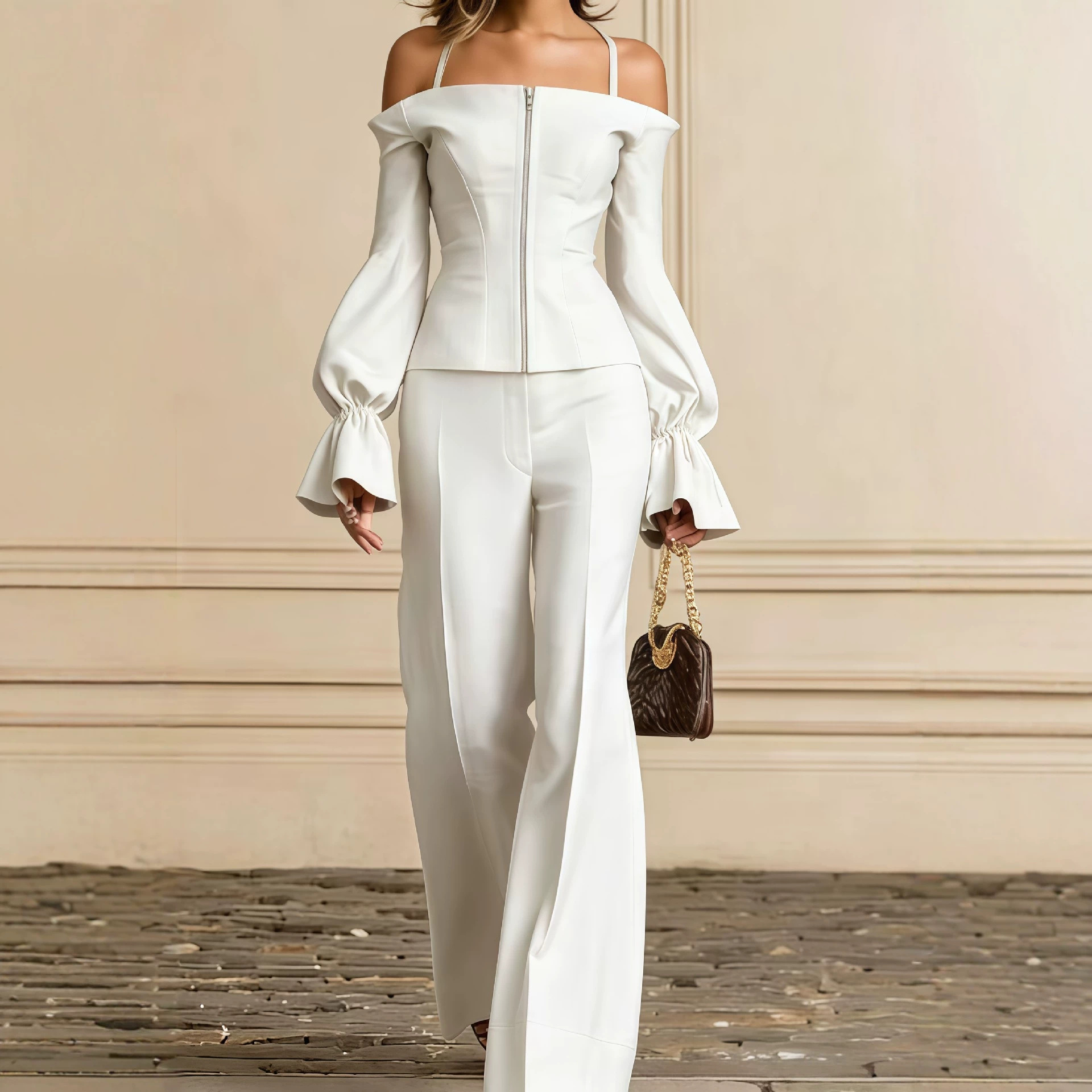 Wide Leg Palazzo Pants - 2-delig broekpak voor dames, effen, met