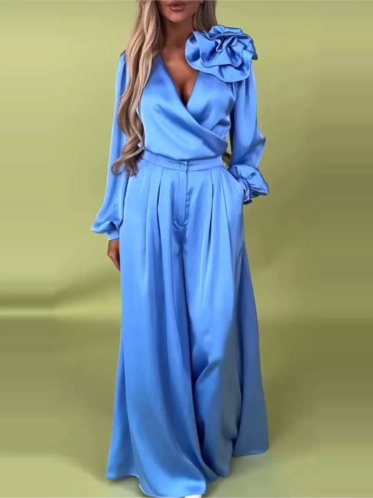 Wide Leg Palazzo Pants - Mode effen kleur satijn shirt met