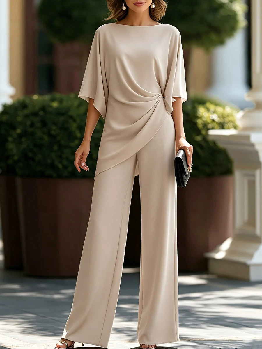 Wide Leg Palazzo Pants - Dames formele tweedelige sets met bootnek,