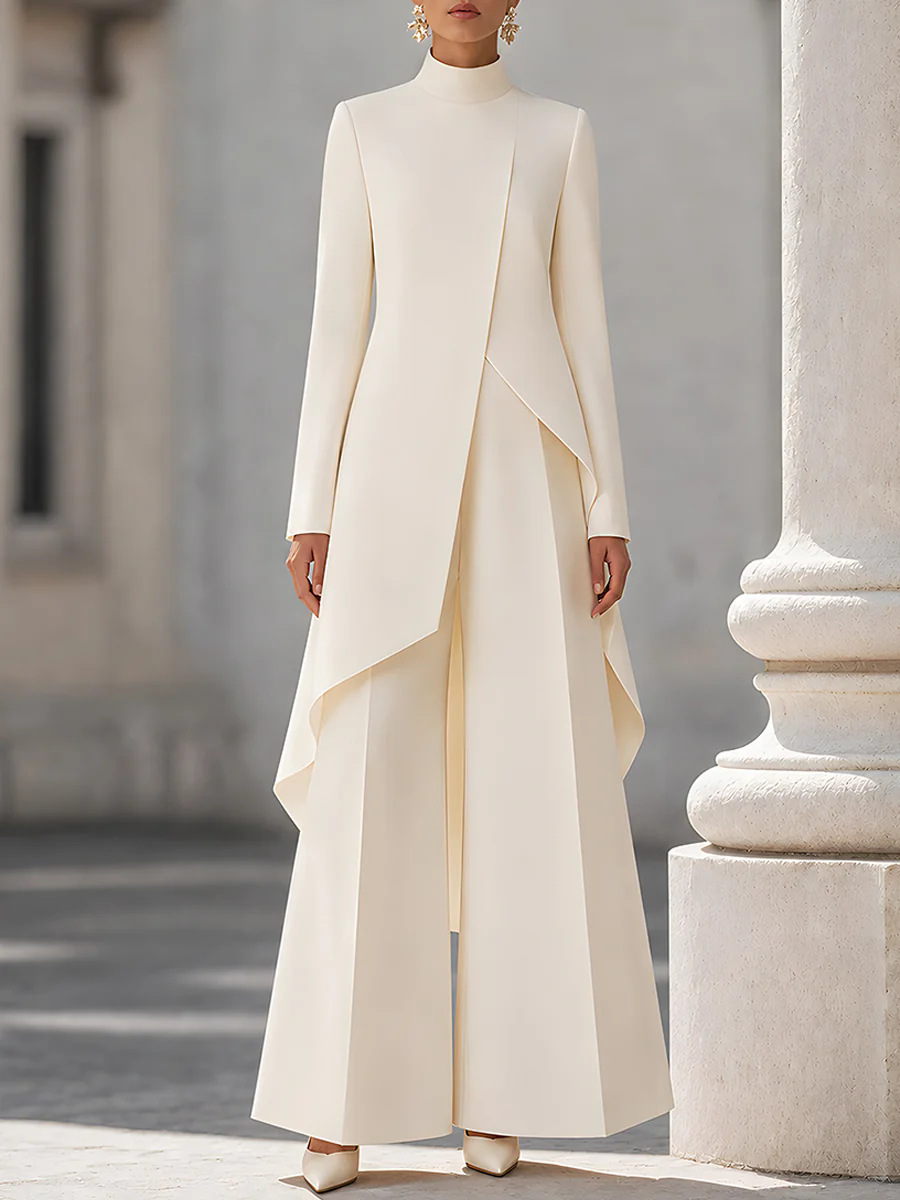 Wide Leg Palazzo Pants - Dames Tweedelig Outfit met Mock Neck,