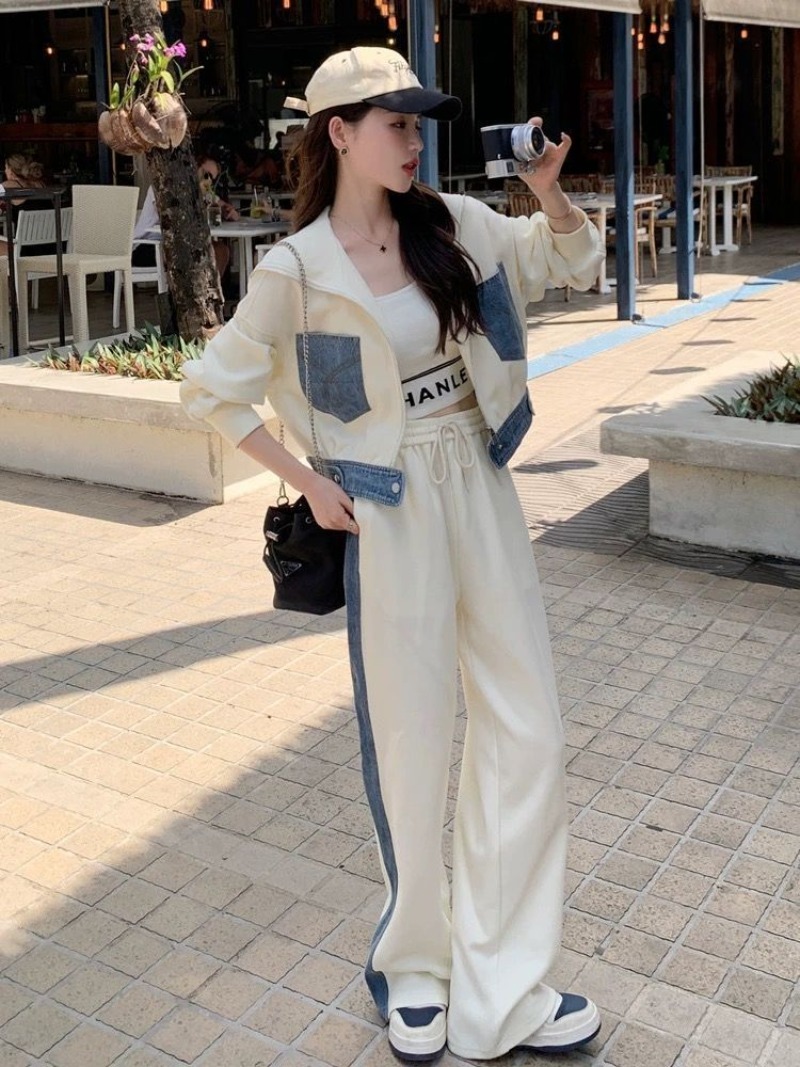Trui Denim Splicing Casual Spo - Wide Leg Palazzo Pants recensie en prijs